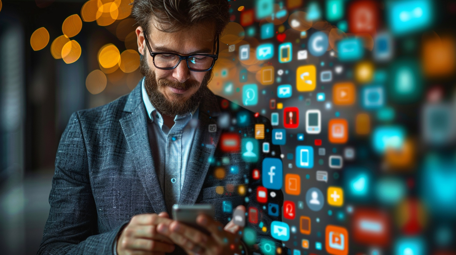 A businessman holds a smartphone